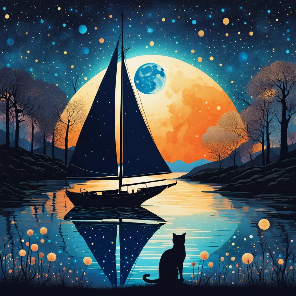 Lone Starry Sailboat at Night: Surreal Collage Art