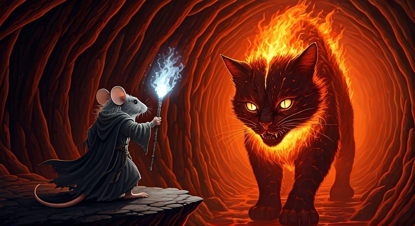 Gandalf the Gray Mouse Confronts a Fiery Demon Cat in a Dark...