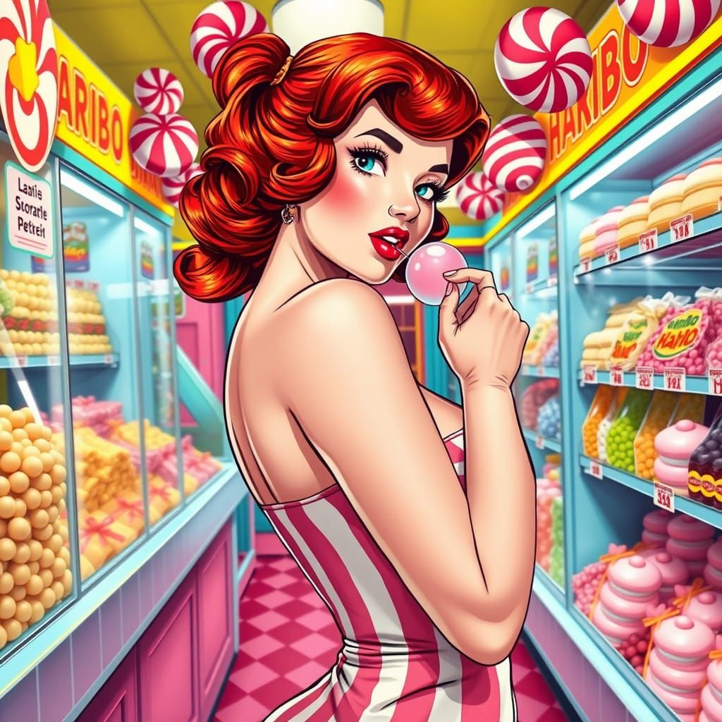 Glamorous Pin-Up Girl in a Vintage Candy Store