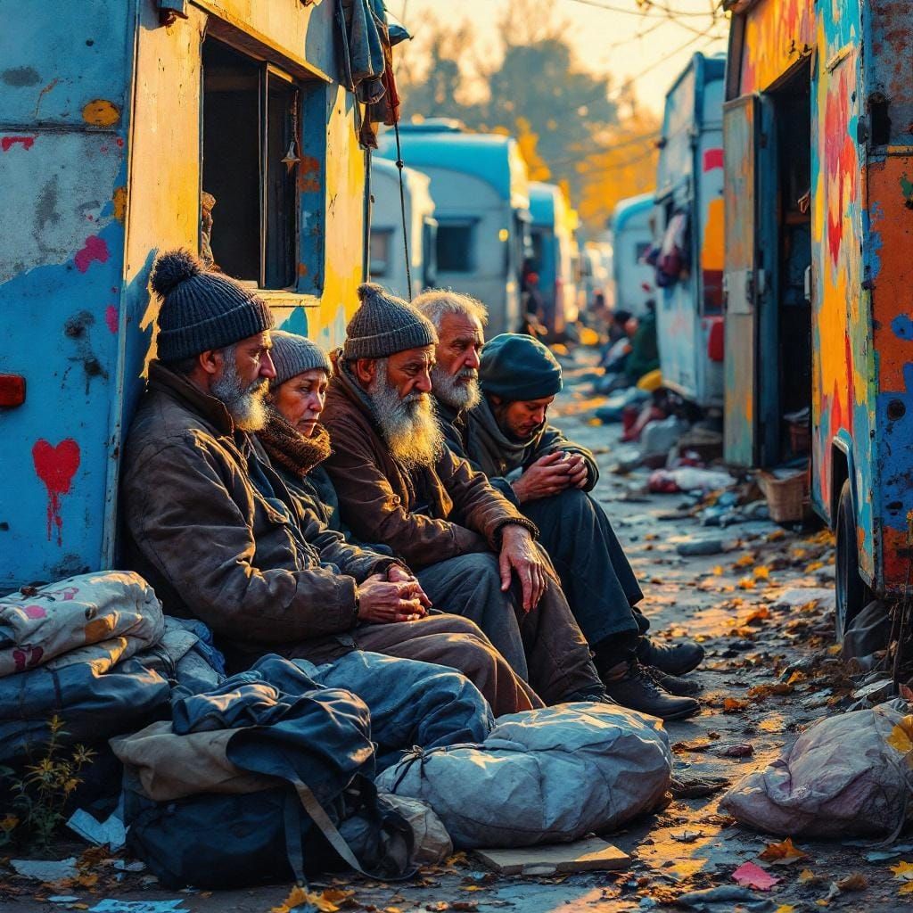 Homeless Community in Colorful Impressionistic Style