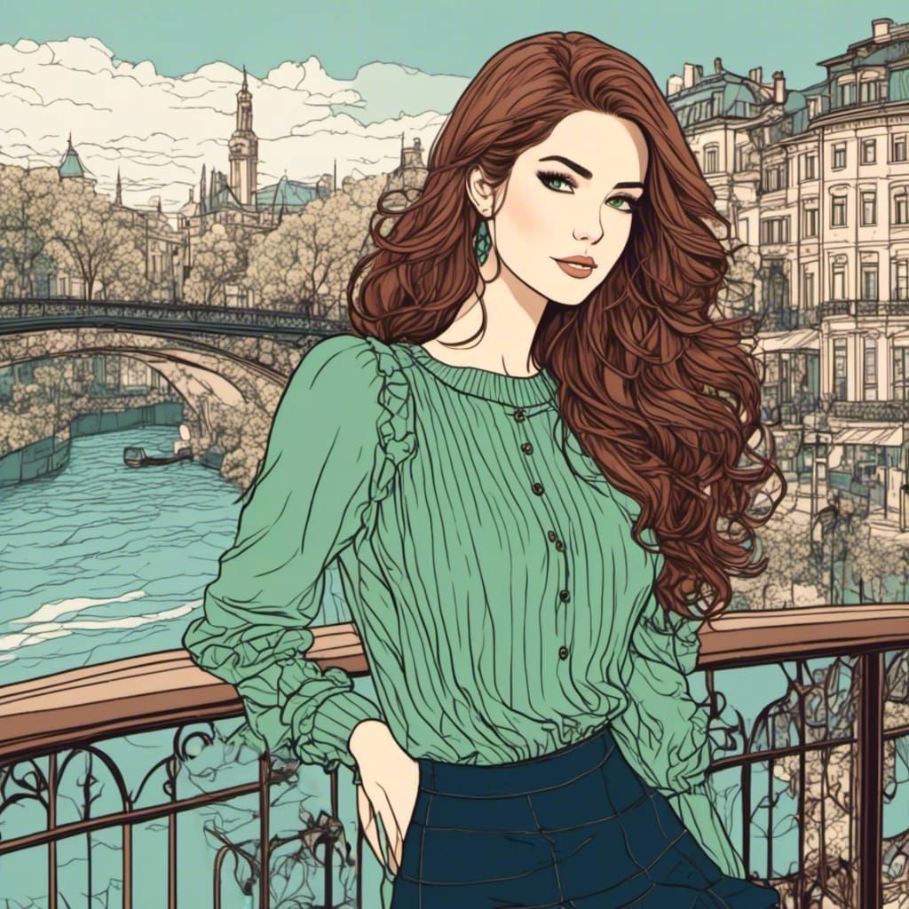 <lora:Line Art Style:1.0> Wonderful woman, long brown hair, ...