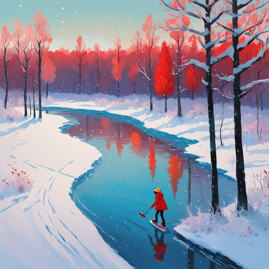 Woman Ice Skating on Frozen Pond in Impressionist Style