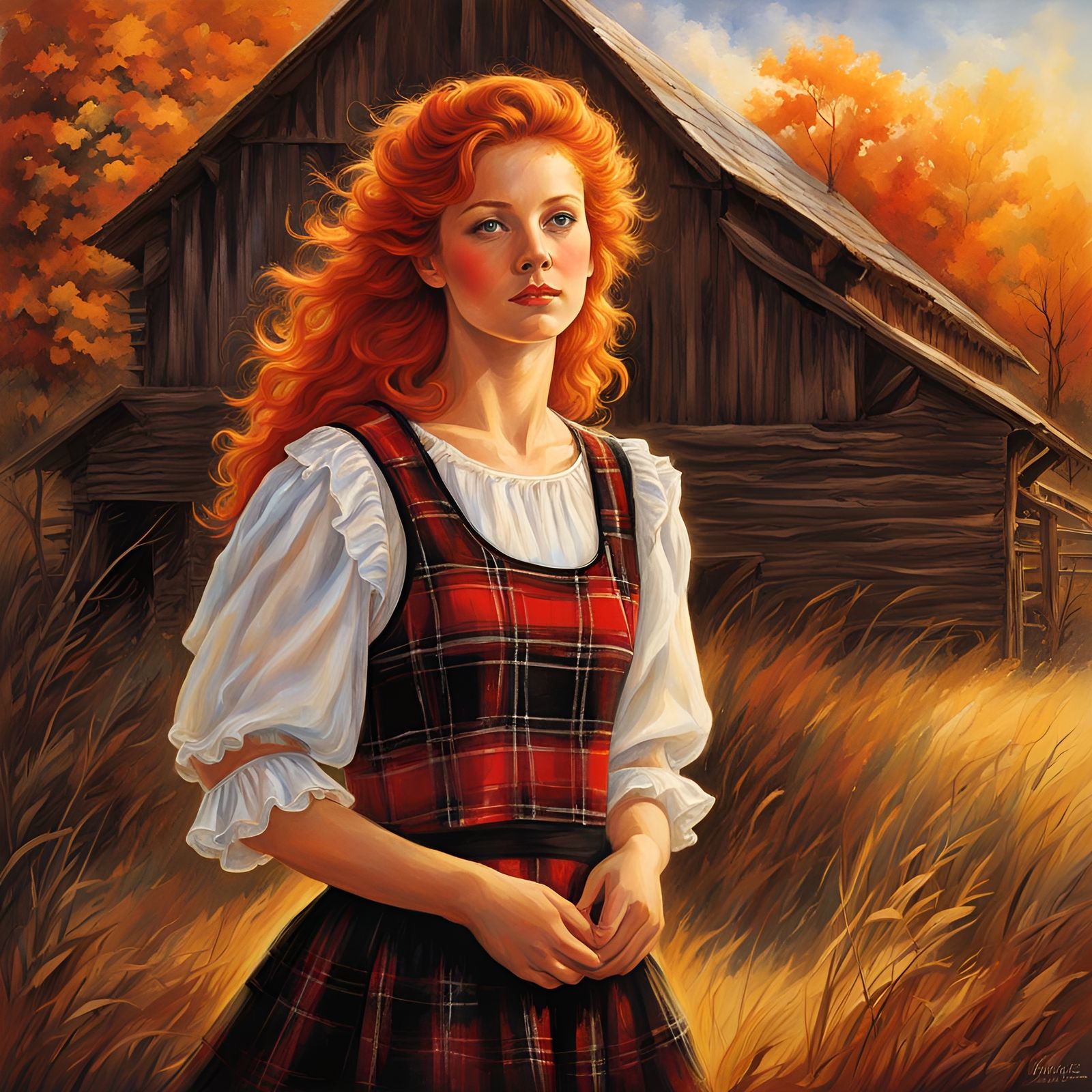 Radiant Redhead in Plaid, Watercolor and Ink