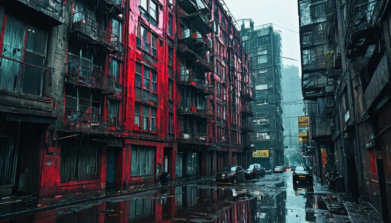 A multi-storey skinny rickety old house with faded red paint...