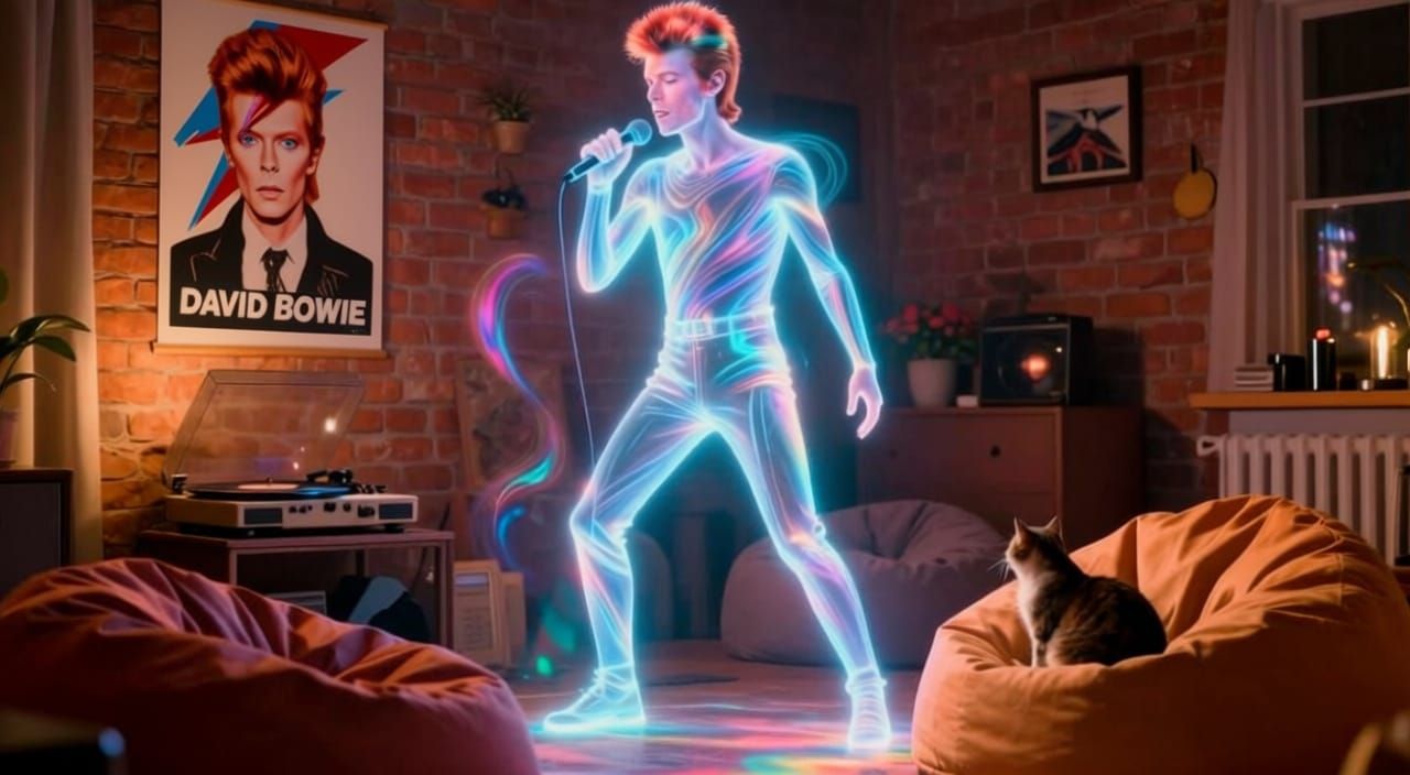 Ethereal Bowie Hologram Emerges from Poster in Cozy Den