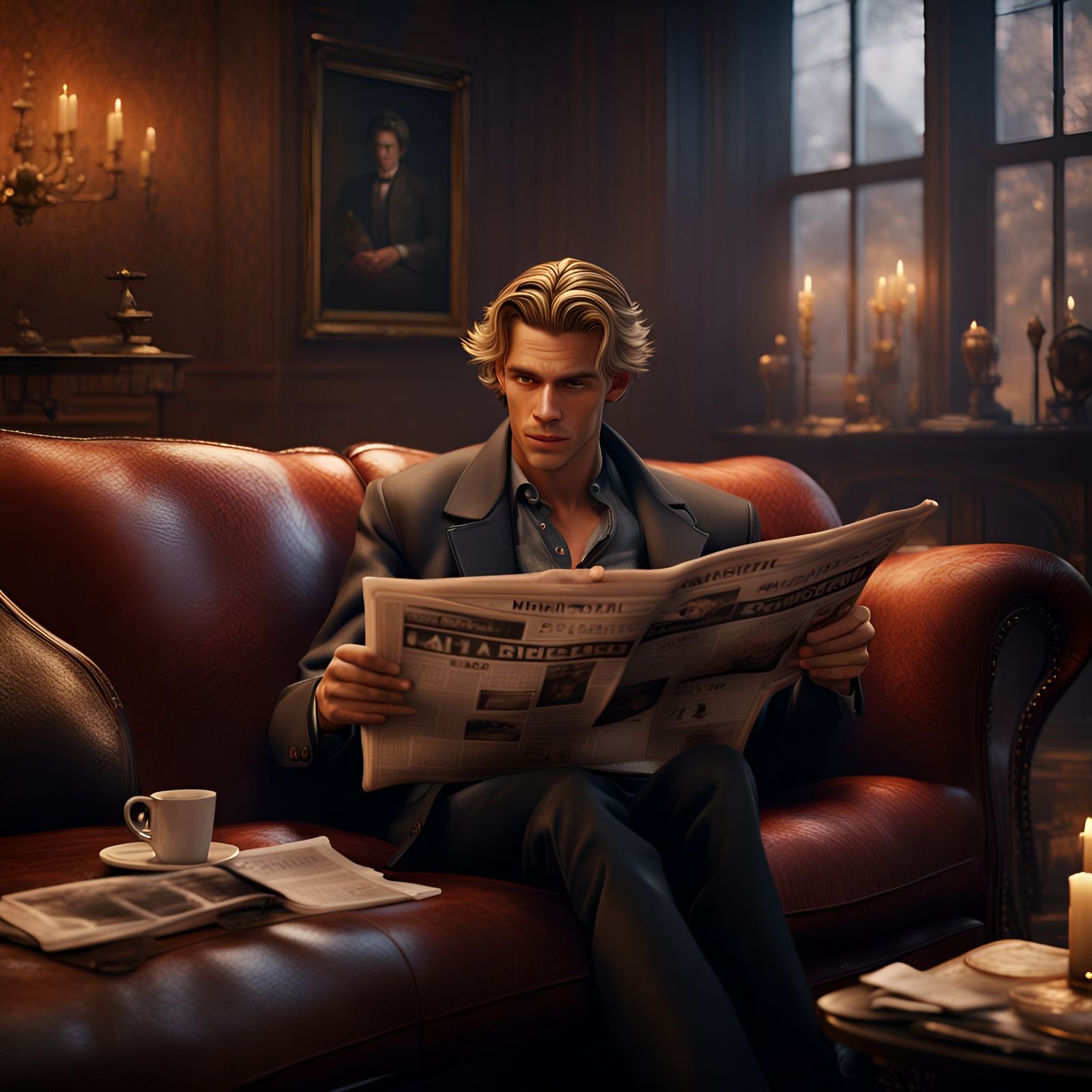 Man Reading Newspaper by Fireplace: Detailed Matte Painting