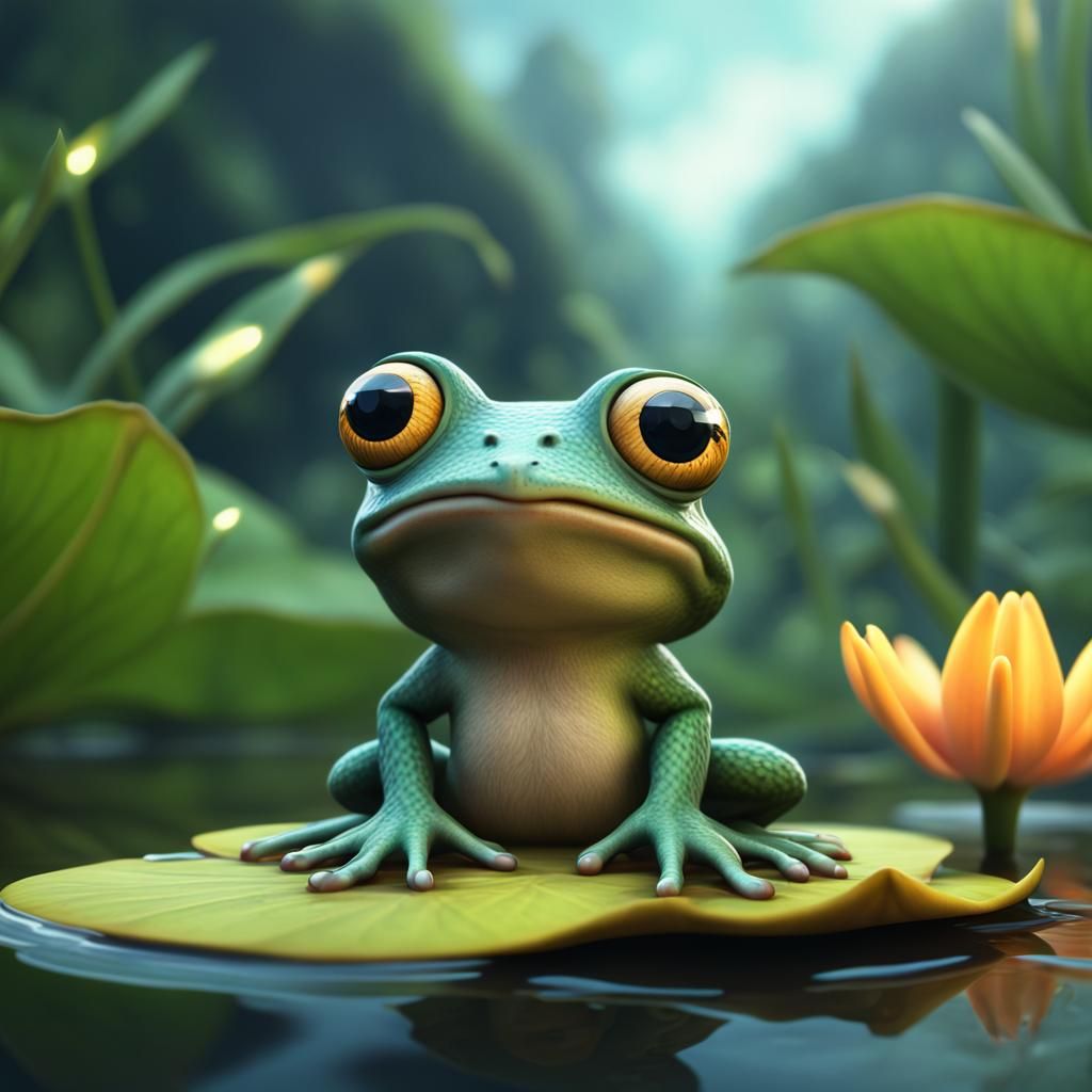 Tiny Frog on Lily Pad with Beanie