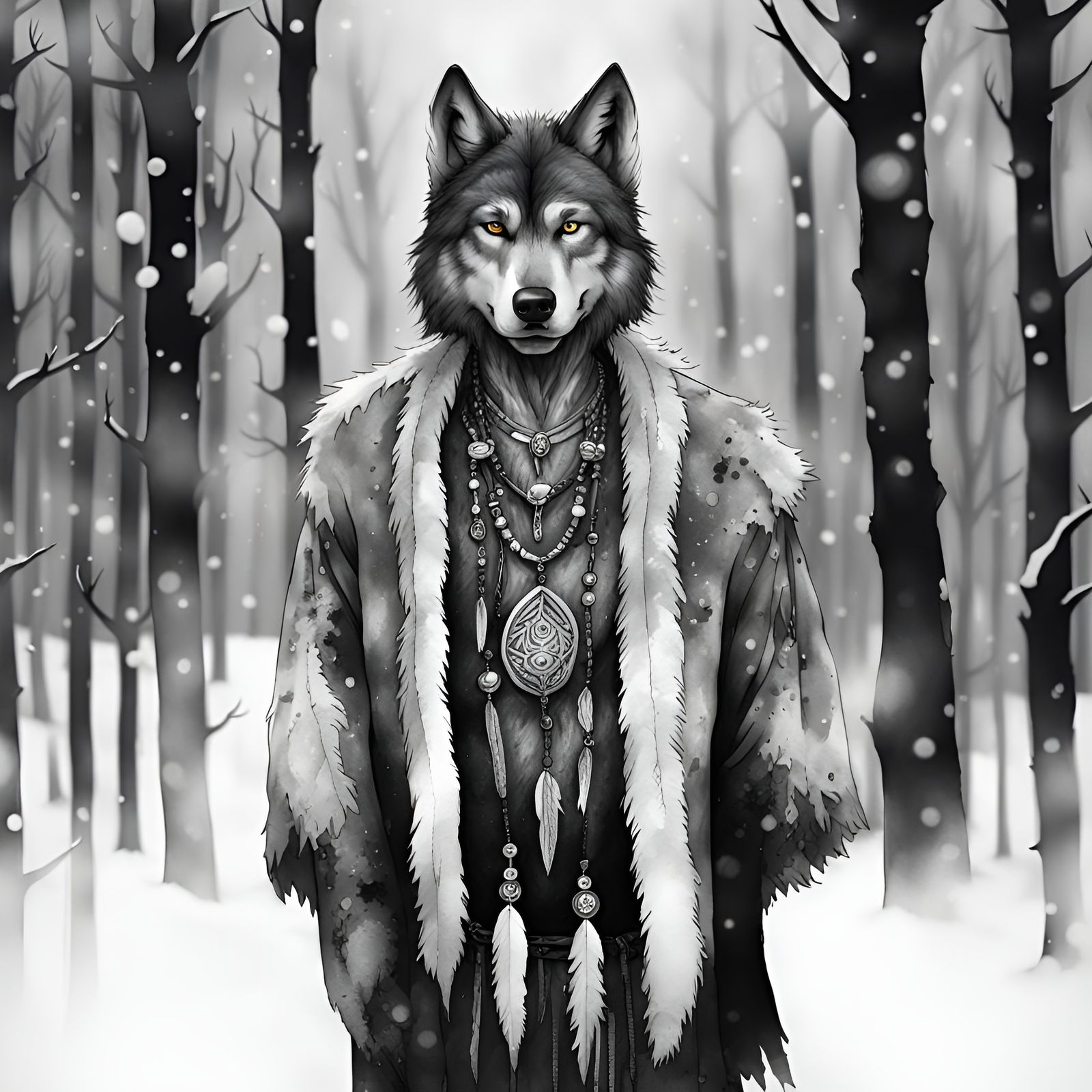 Monochrome Wolf Shaman in Winter Tundra