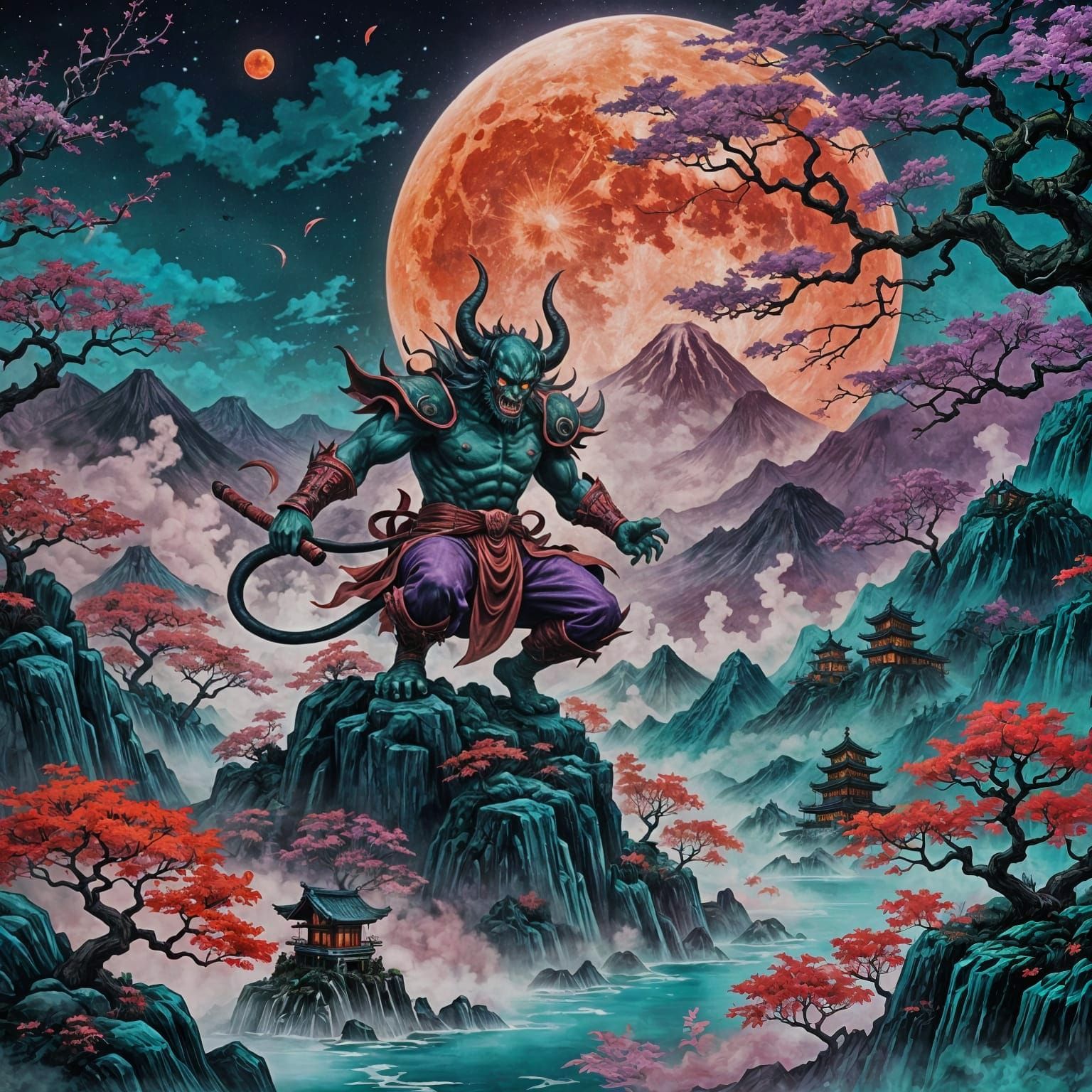 Japanese Demon Under Red Moon in Fantasy Style
