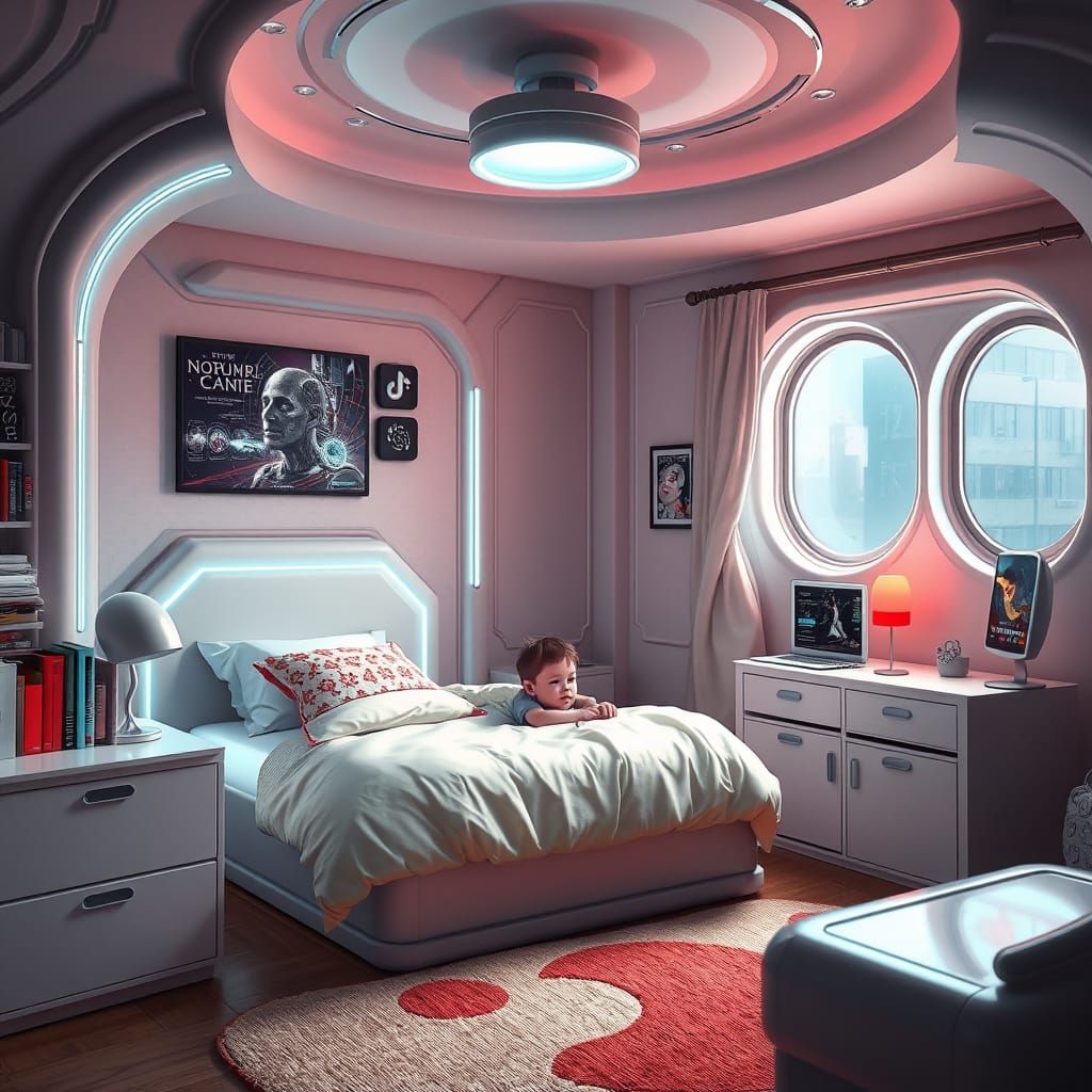 Futuristic Family Scene in a Child's Bedroom