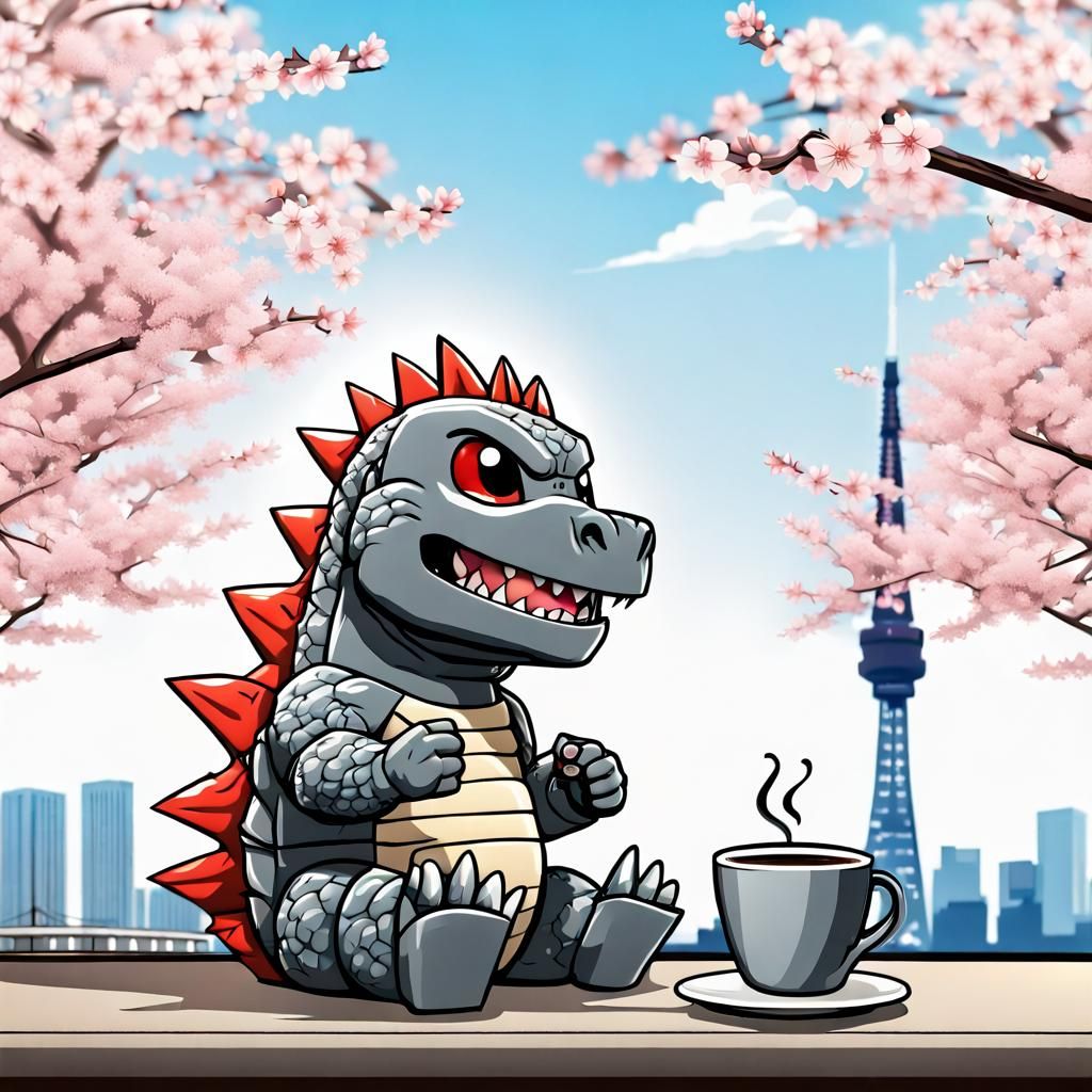 Godzilla Bobblehead Drinks Coffee in Tokyo: Manga Chibi Styl...
