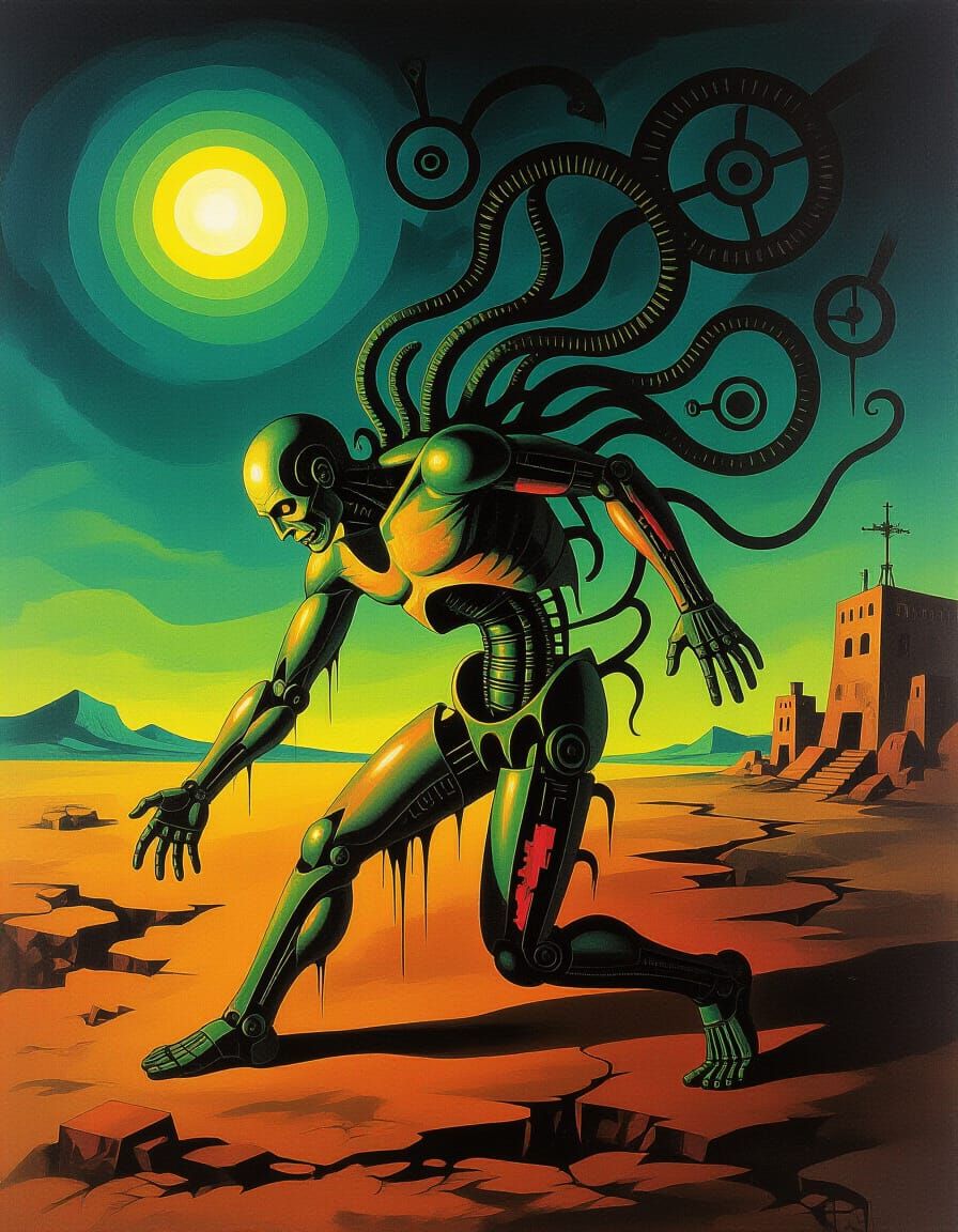 Surreal Dystopian Figure in Dalí and Giger Style