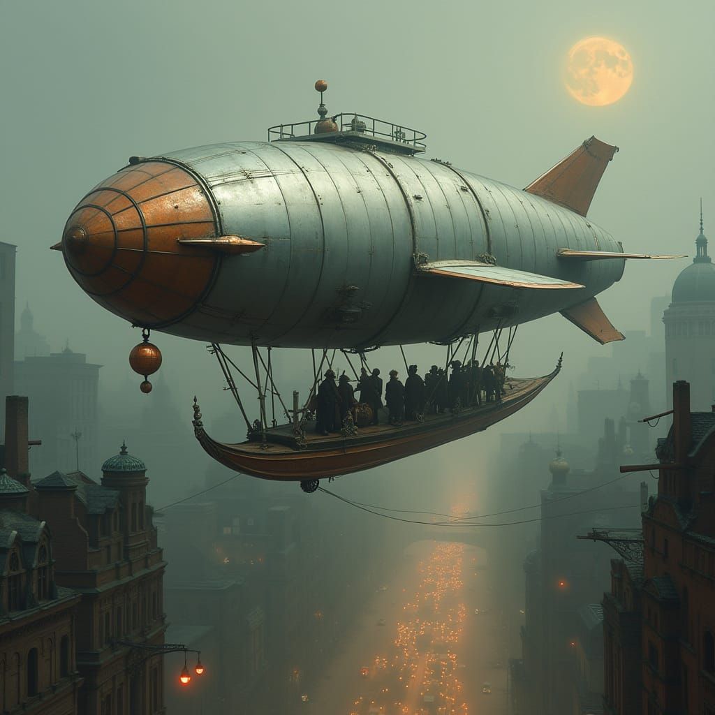 Steampunk Zeppelin Over Victorian Metropolis
