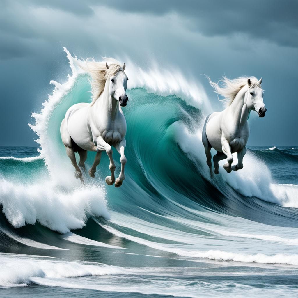 White horses coming out of waves
