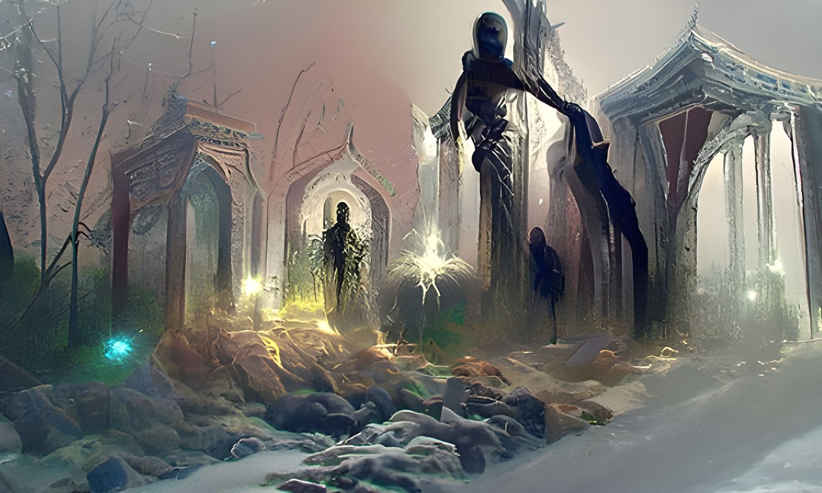 Eerie Ghostly Apparitions in Dark Fantasy Landscape