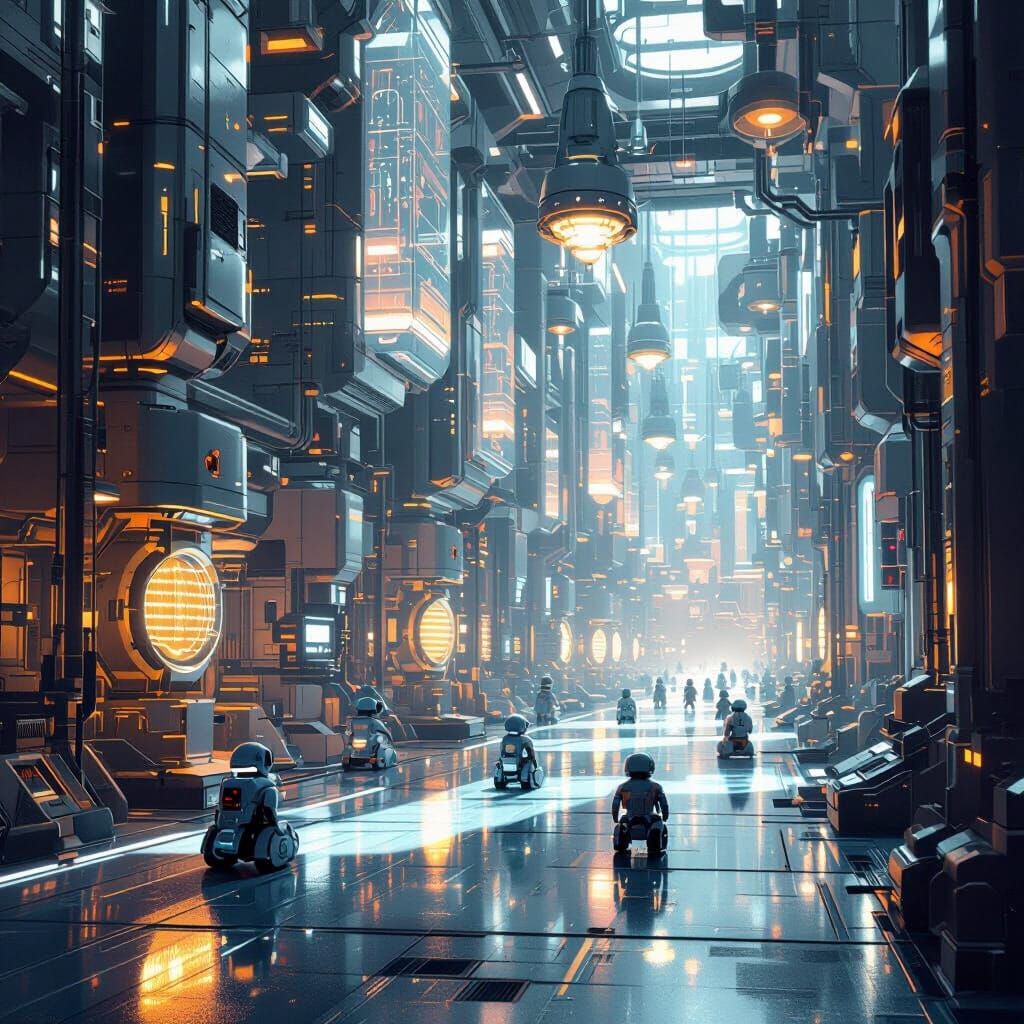 Ethereal Futuristic Factory with Glowing Robots
