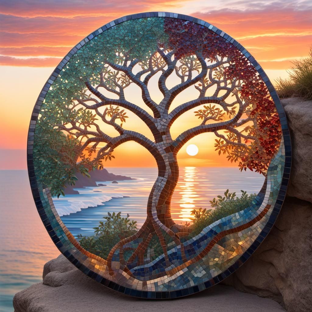 Glass Mosaic Tree of Life at Sunrise