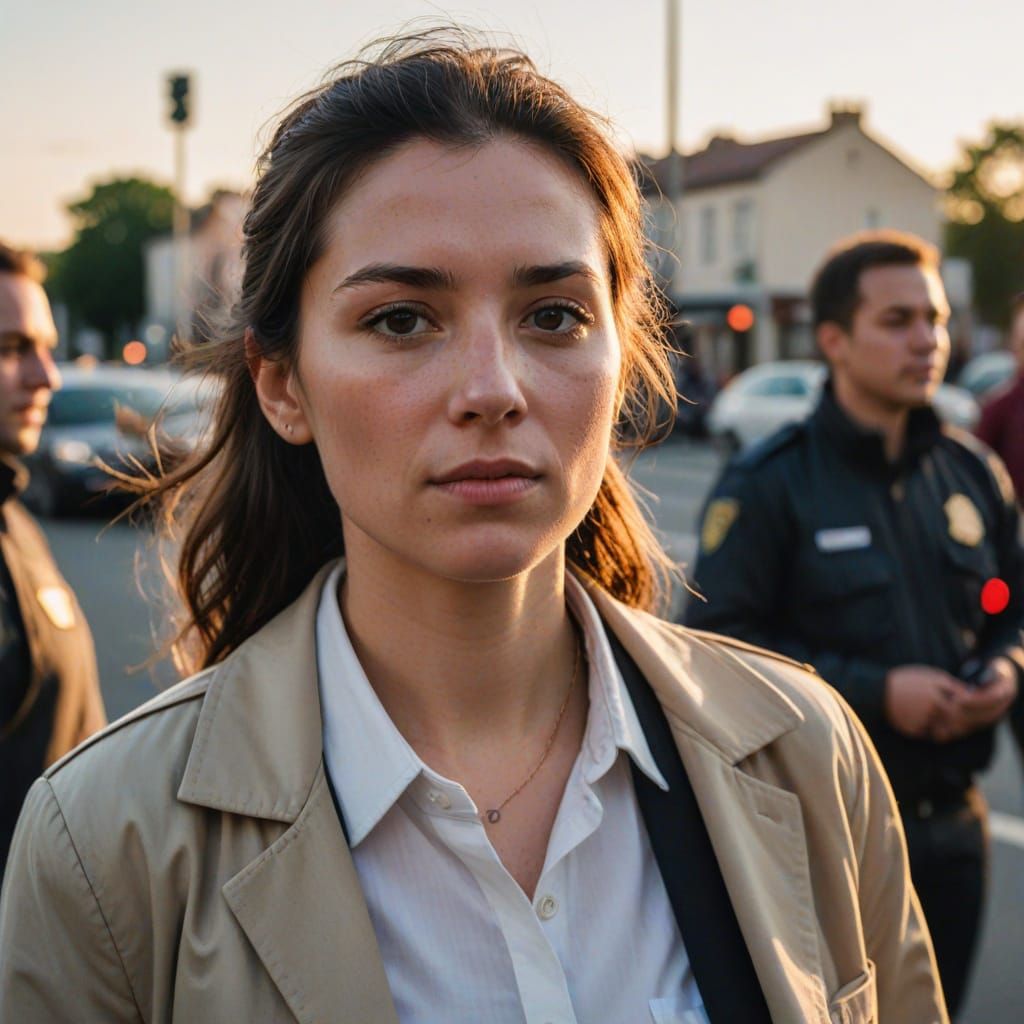 TV Broadcaster at Incident Scene in Golden Hour