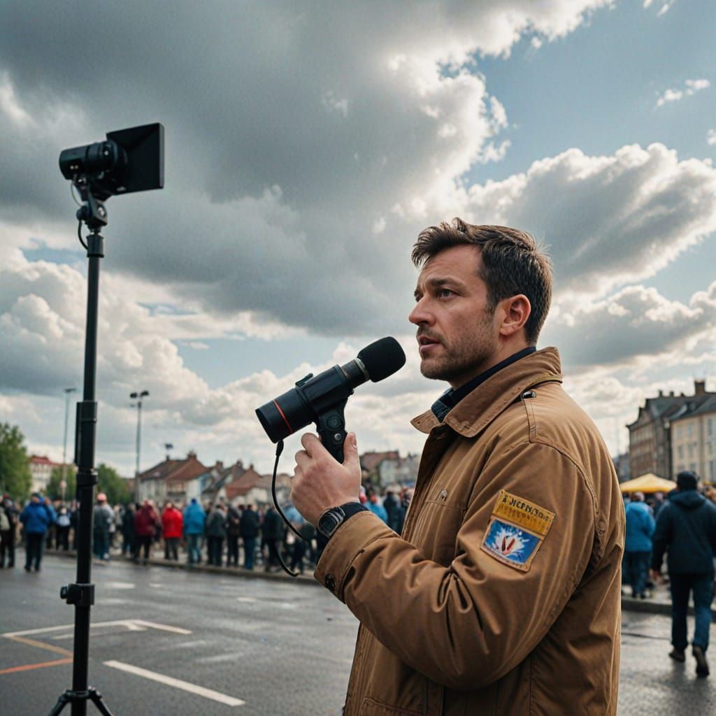 News Broadcaster Amidst Chaos in a Cinematic Style