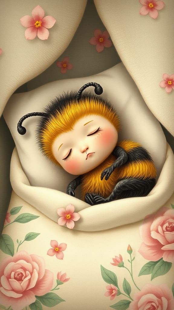 Sleepy Bumblebee in Floral Bed, Whimsical Illustration