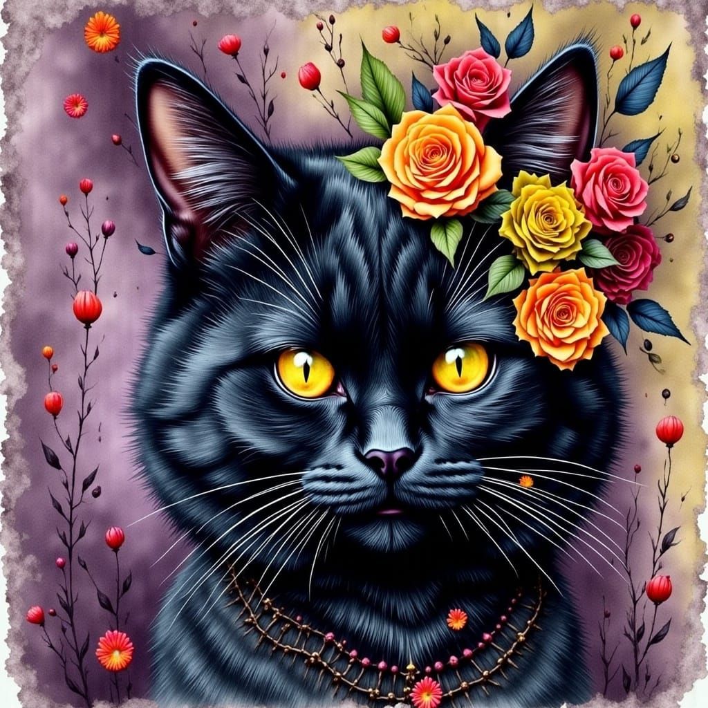 Day of the Dead Black Cat in Water Ink