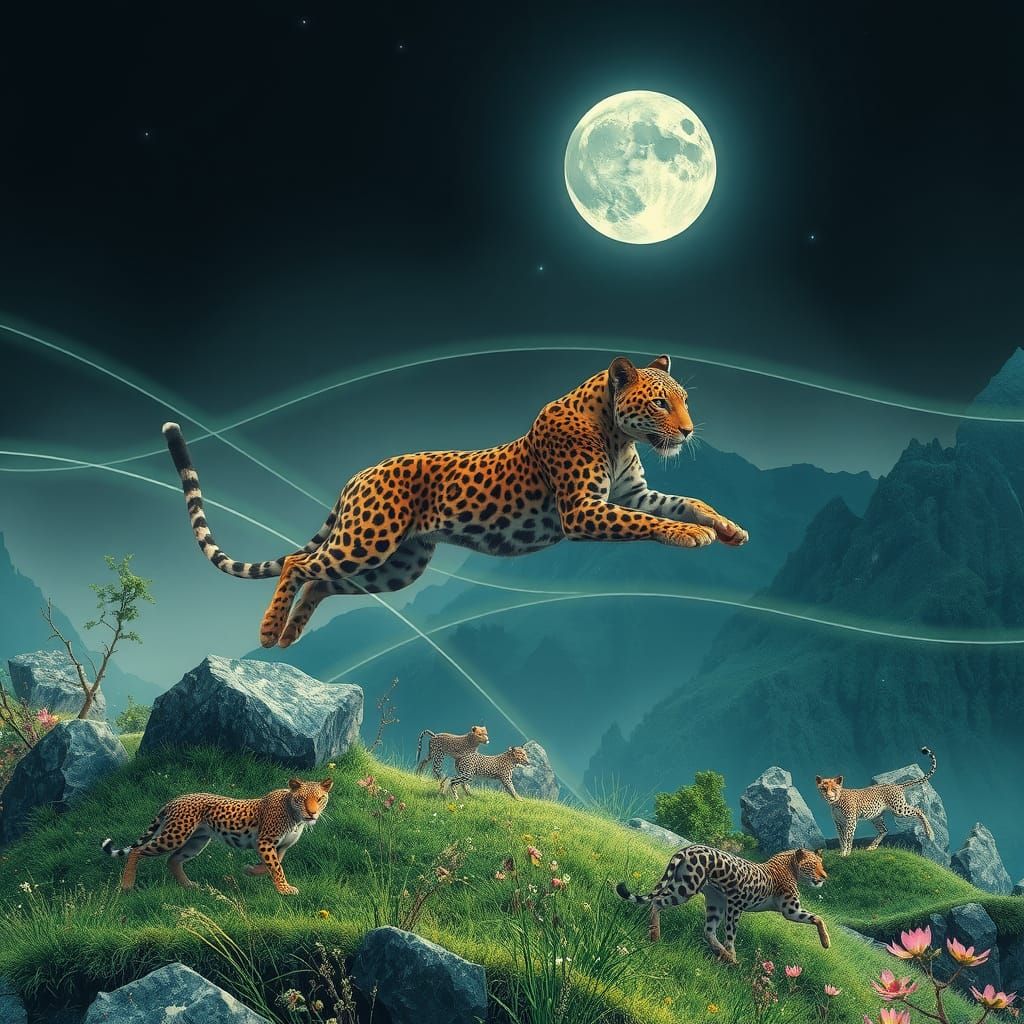 Leopards Leaping Through Luminous Lunar Landscape