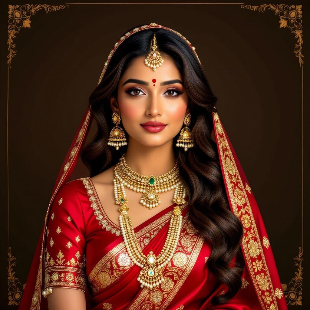 Woman in Red Saree with Gold Jewelry