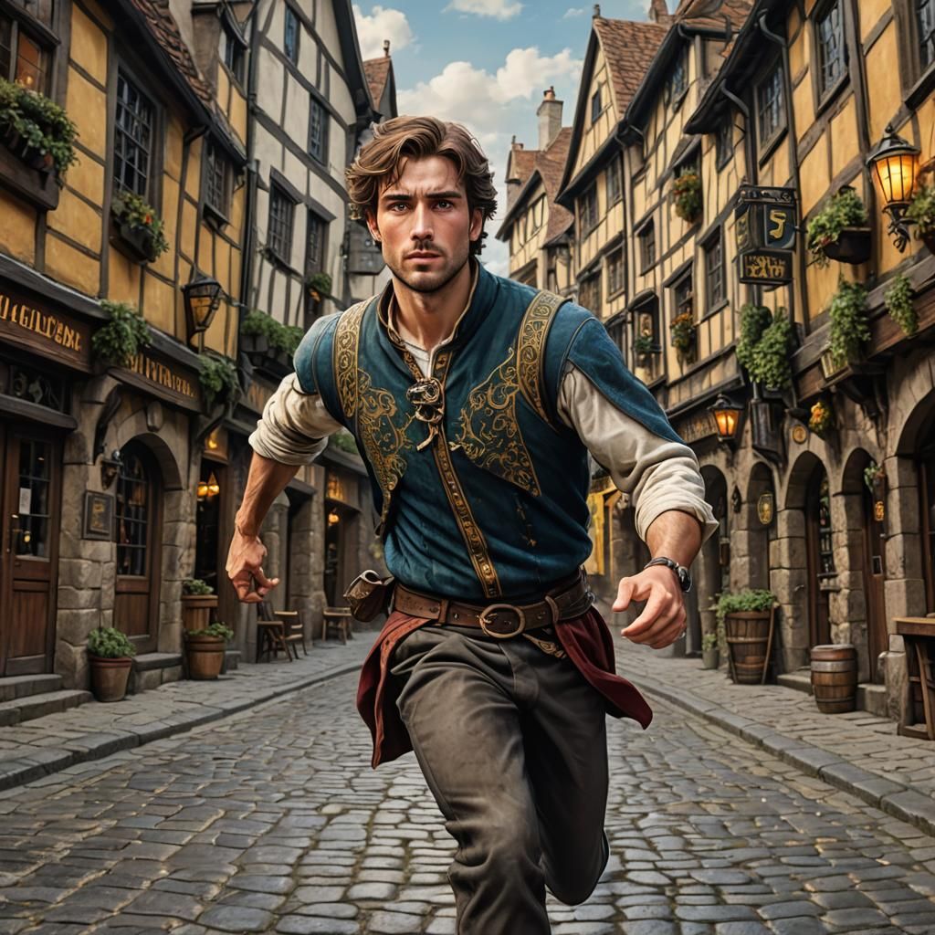 Fantasy Man Running on Cobblestone Street