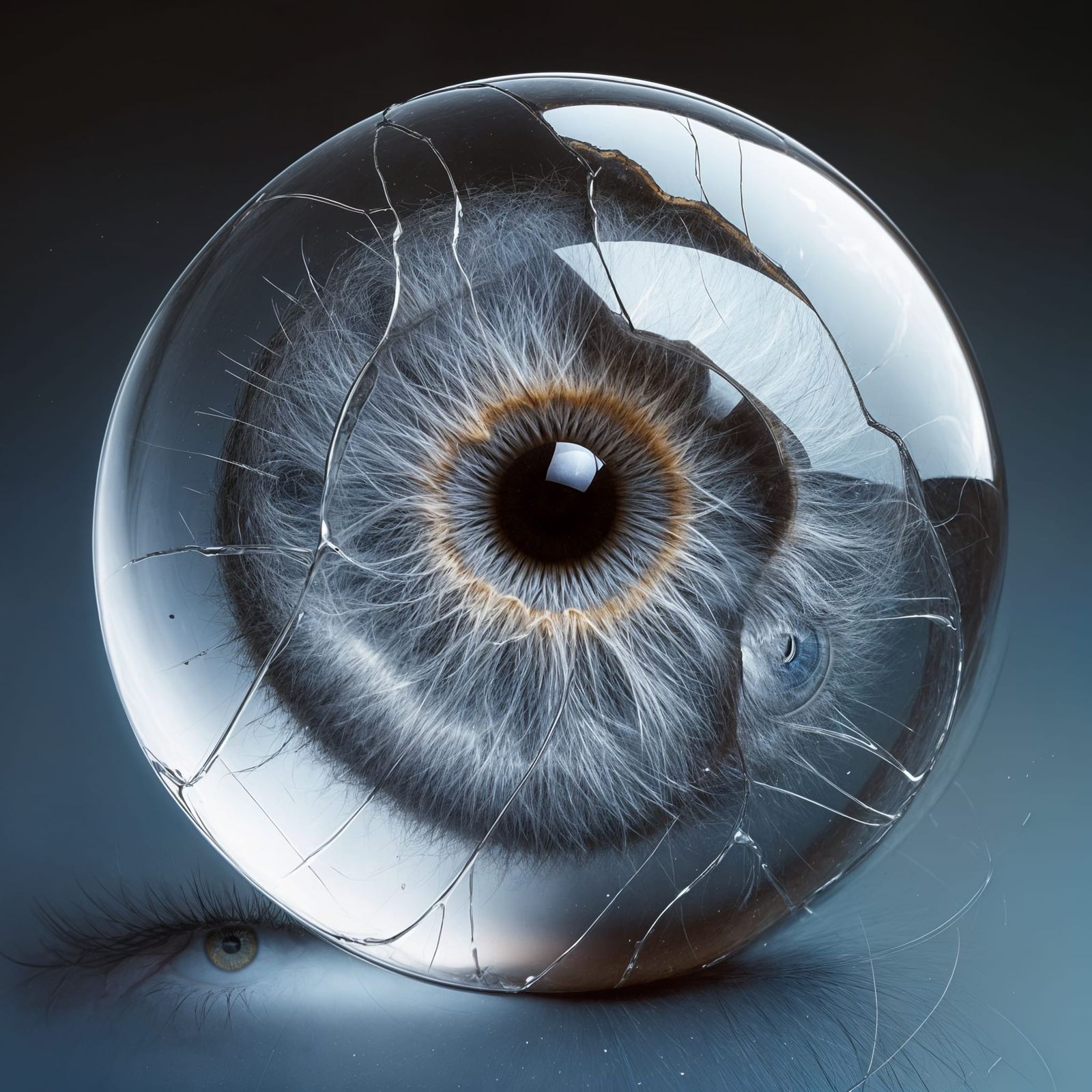 Eye Peeking Through Torn Crystal Sphere
