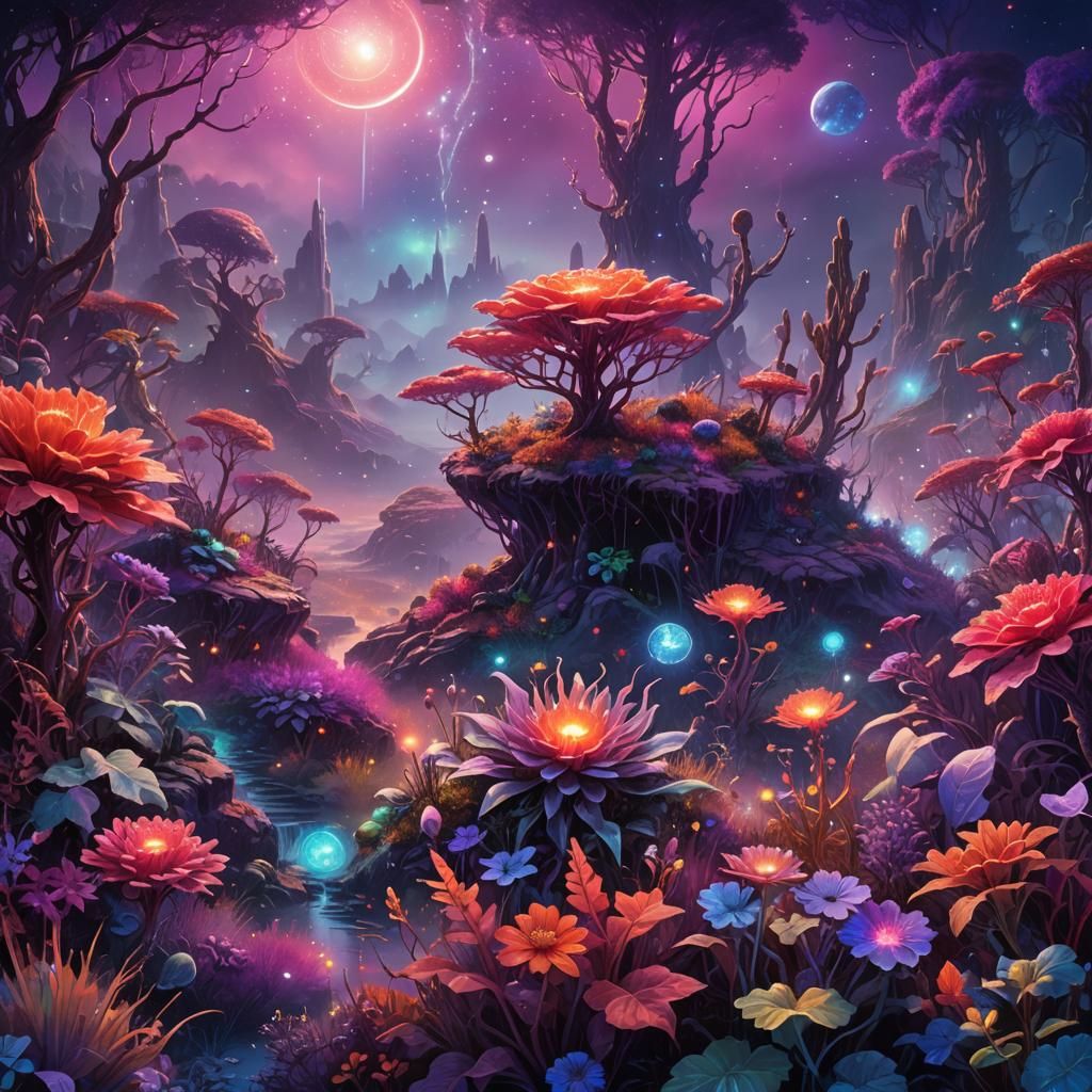 Astral Alien Landscape with Bioluminescent Flora