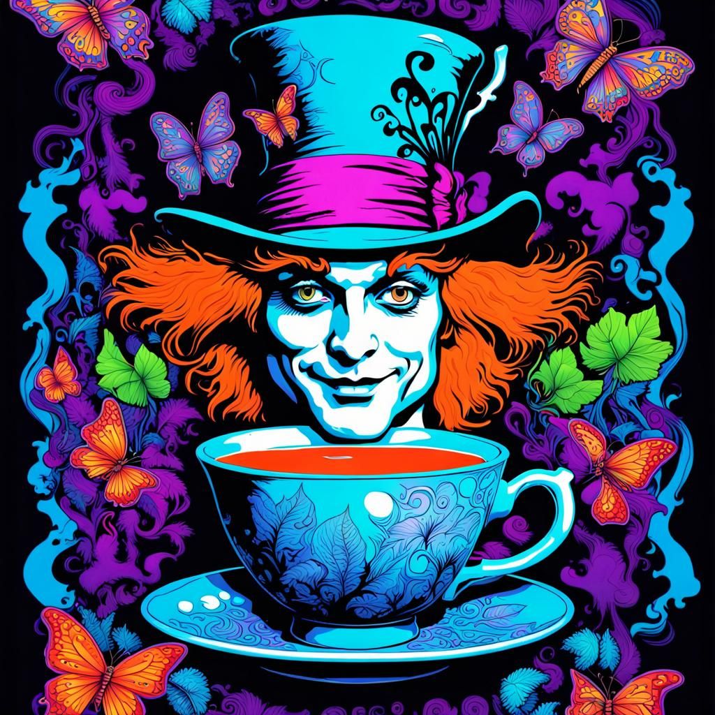 Blacklight  poster of  The Mad Hatter in Wonderland, tea cup, butterflies, mushrooms,  canabis leaf, Psychedelic,  fluor...
