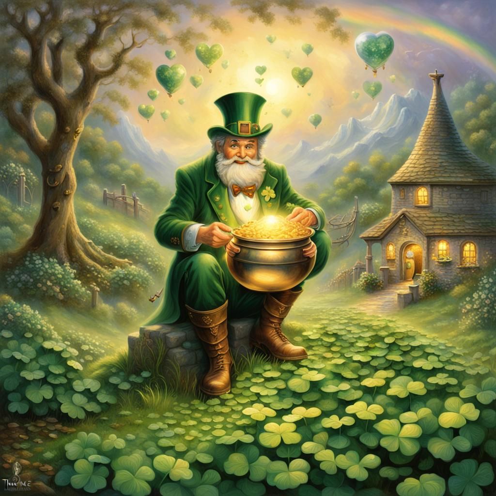leprechaun with pot of gold beside his home in the woods