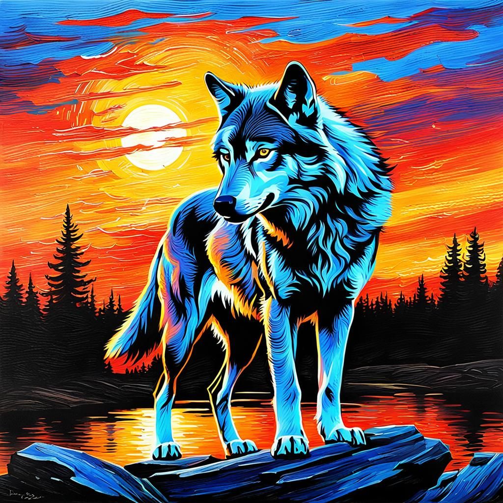 Wolf Dancing at Sunset with Brush Strokes