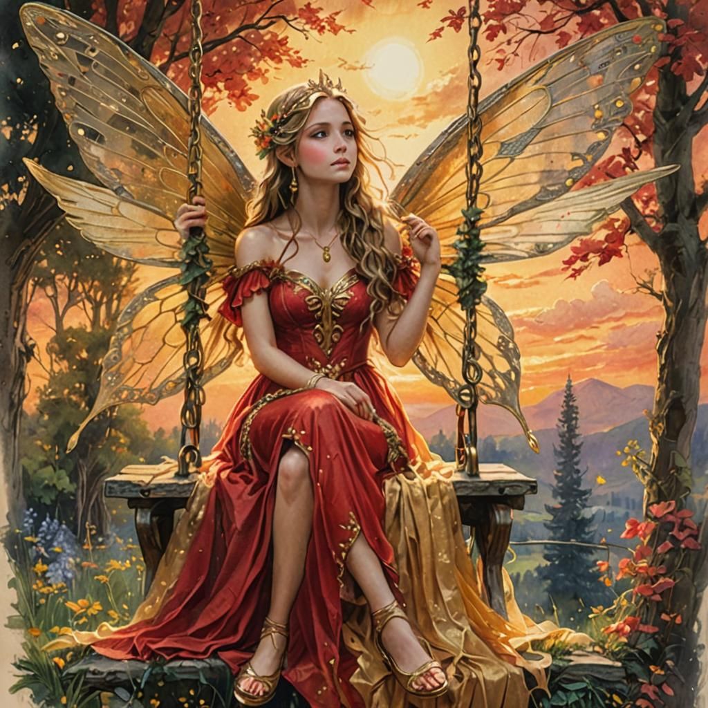 Fairy Princess on a Swing at Sunset