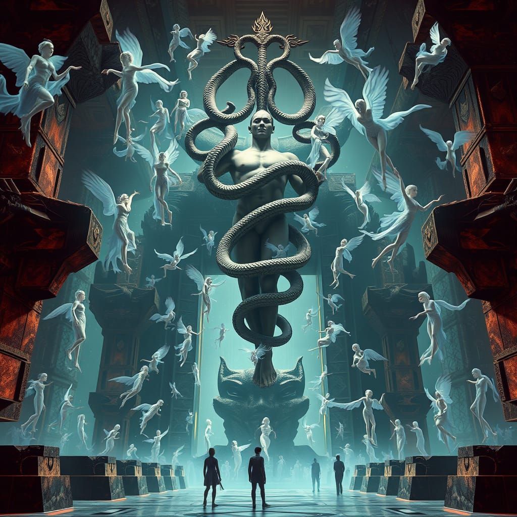 Surreal Caduceus Goddess Rises in Brutalist Temple