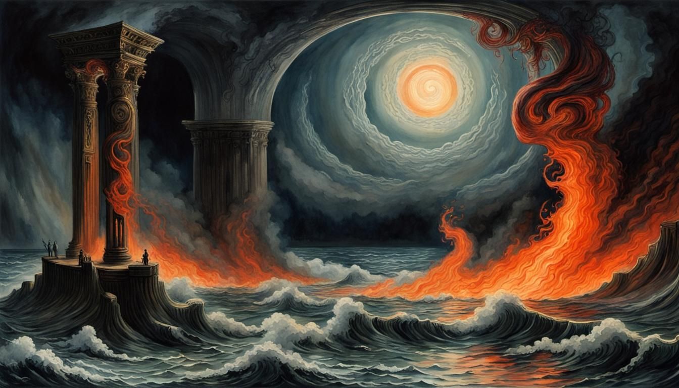 Fiery Circle Around Stone Column, Watercolor Horror