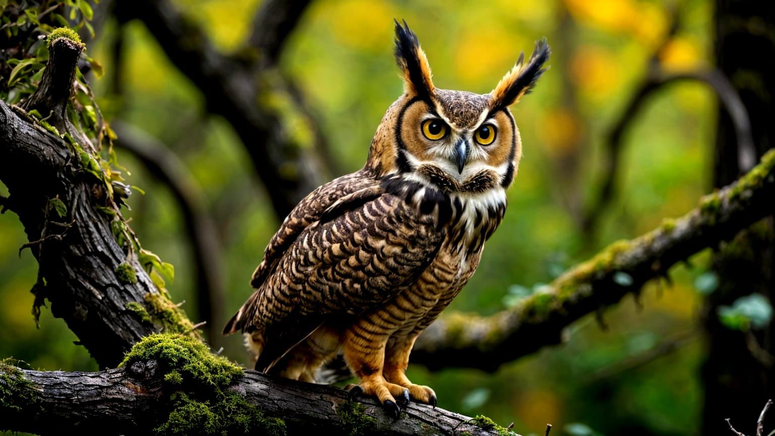 A Great Horned Owl sitting on a tree branch.