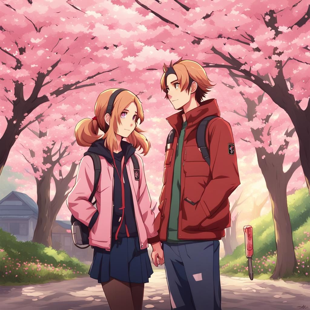 Anime Couple Cuddling Under Sakura Trees