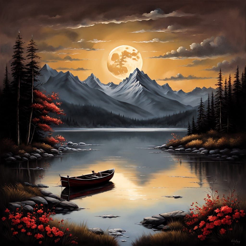 Tranquil Night Lake Reflection with Golden Moonlit Sky