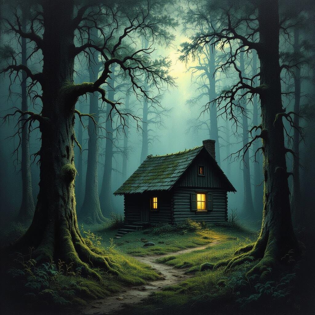 Solitary Cabin in Ancient Forest Oil Painting