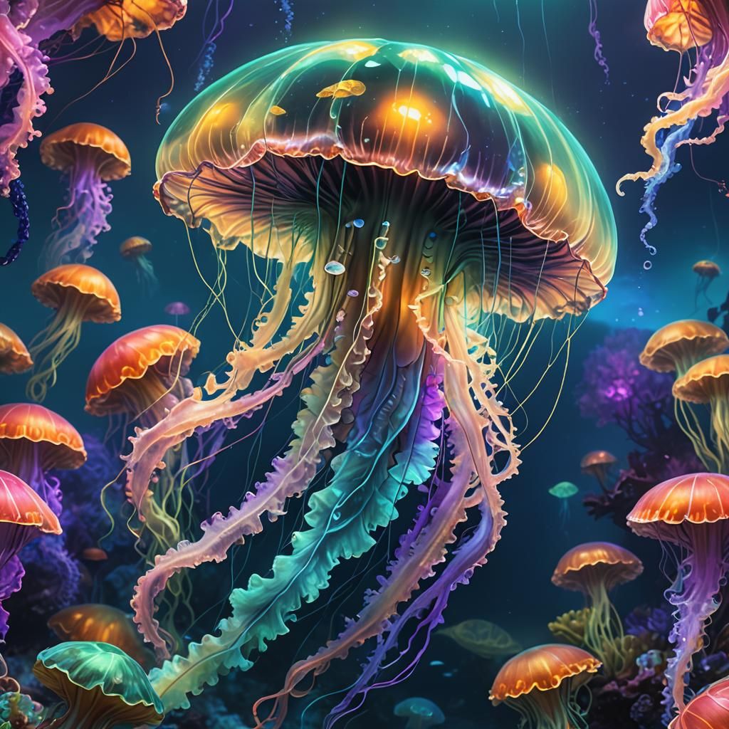 Bioluminescent Jellyfish Fantasy Art in Oil Painting Style
