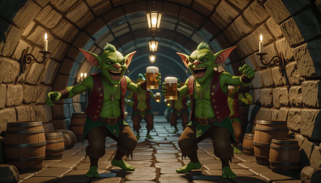 Dancing Goblins Cheer in Tunnel: Matte Painting