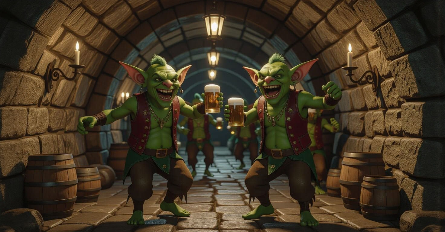 Green Goblins Dancing Wildly with Beer in Stone Tunnel