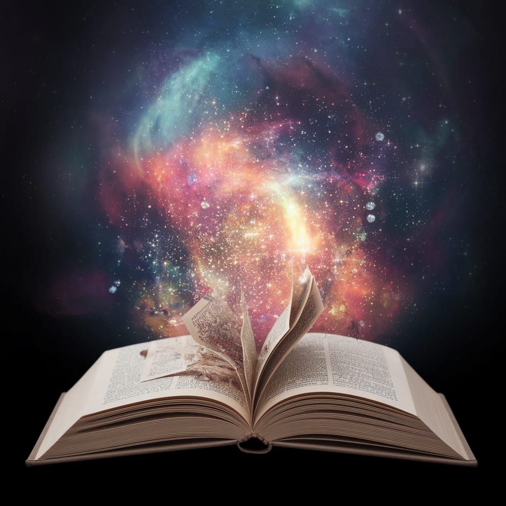 Cosmic Book Revelation in Vibrant Holographic Style