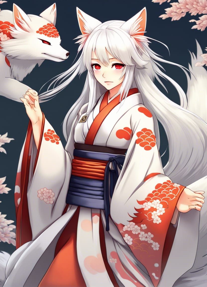 Anime Style Kitsune with Multiple Tails in Kimono