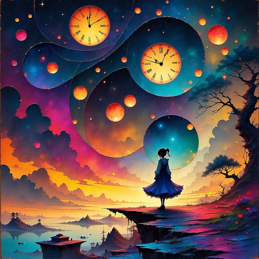 Dreamlike Woman Surrounded by Swirling Clocks