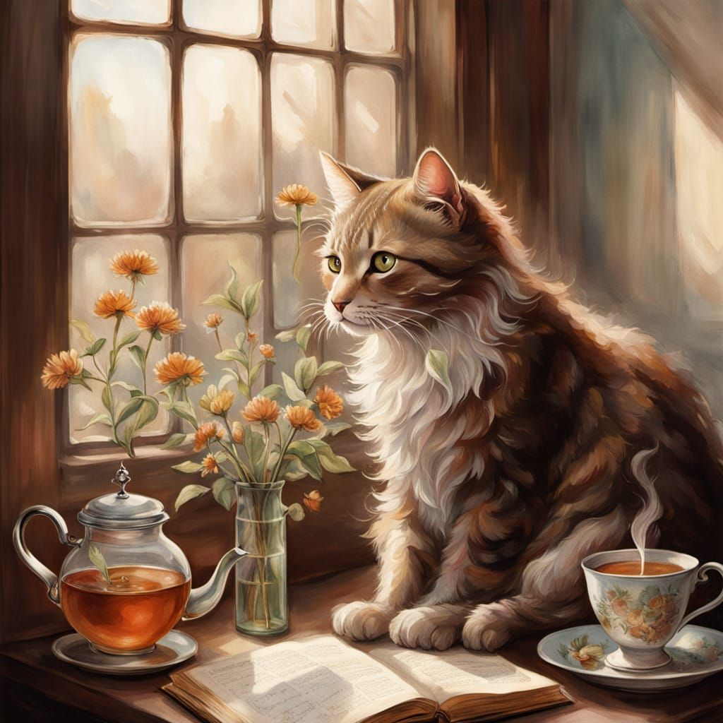 Whimsical Girl with Feline Companion in Cozy Study