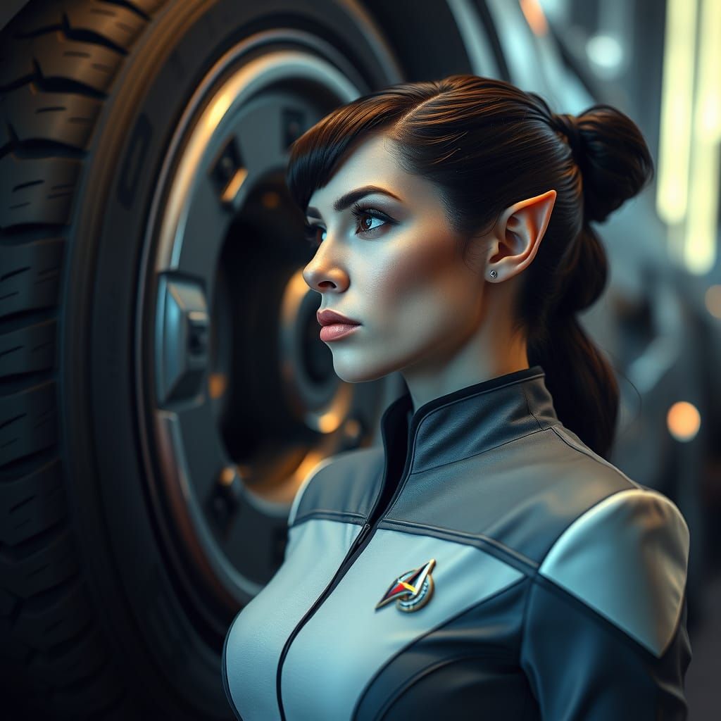 Vulcan Woman Inspects Tire in Futuristic Setting