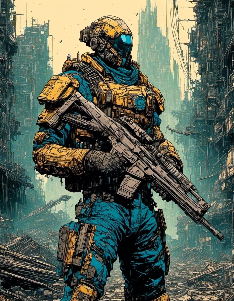 Heroic Man in Cyberpunk Armor with Assault Rifle