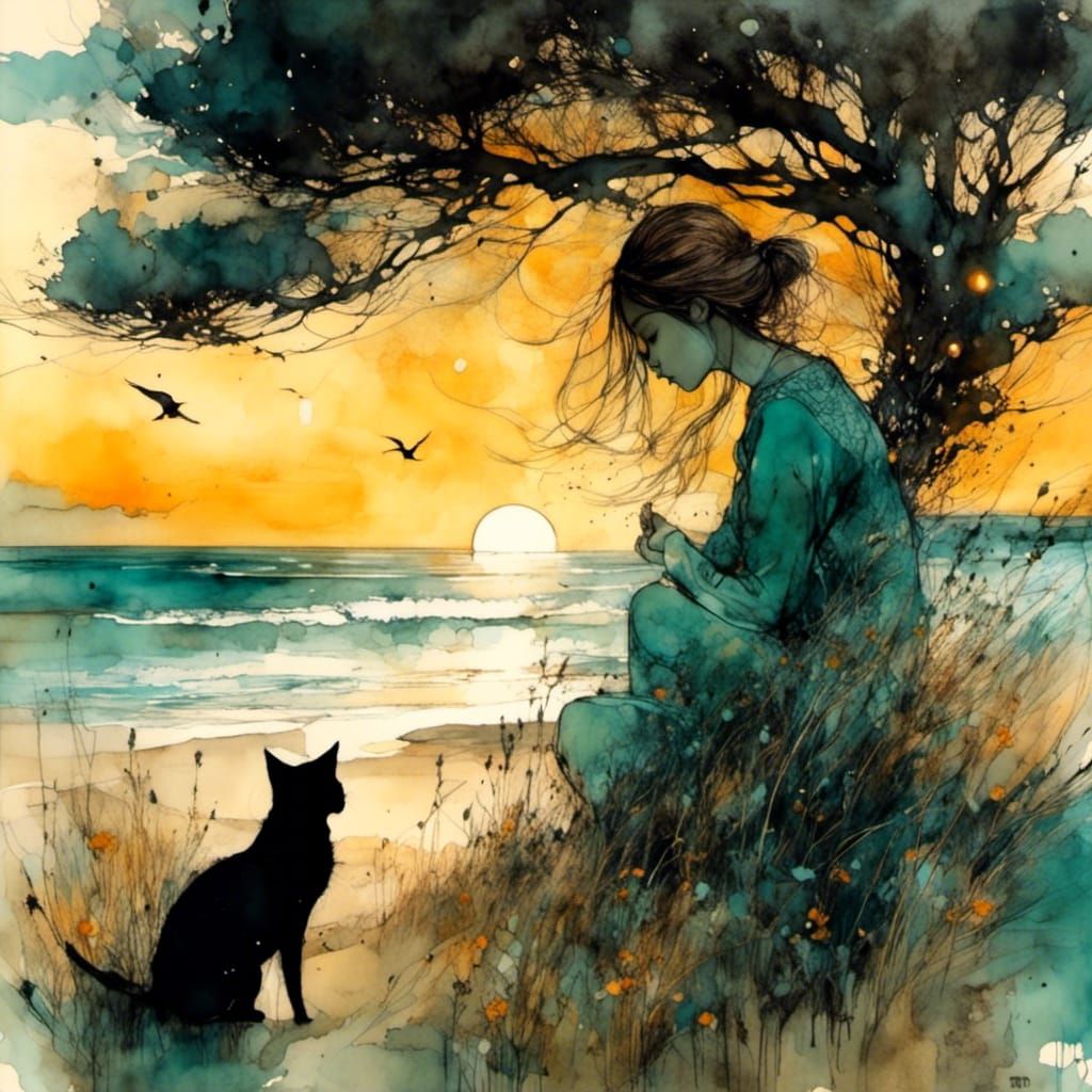Girl and Cat Watching Moonrise in Liquid Ink Style
